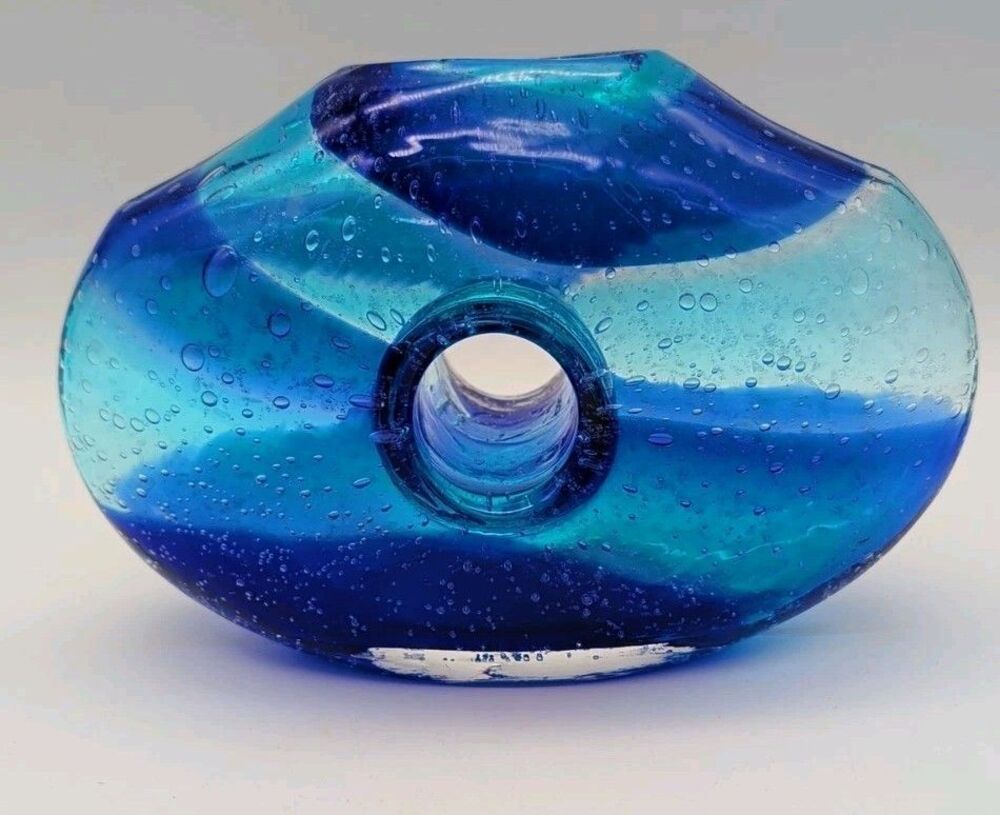 Pier 1 Imports Cobalt Blue Glass Blown Donut Hole Oval Vase Round Top Opening